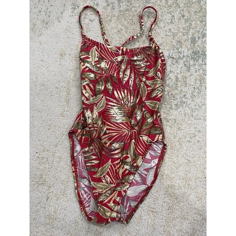 Catalina One Piece Swimsuit Size Medium Red Floral Tropical Leaves
